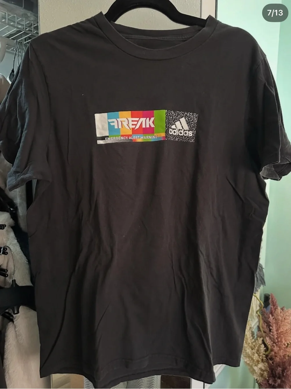 adidas Black Short-Sleeve Tee with Multicolor Stripe Graphic